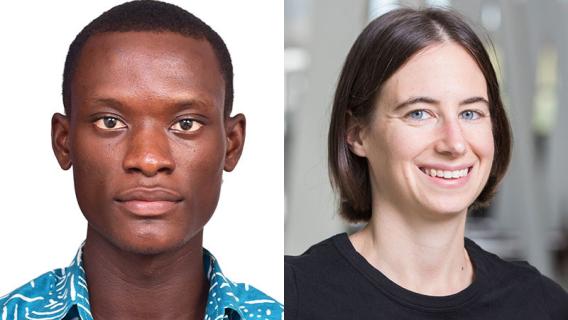 Side-by-side portrait images of Desmond Asante in blue print open-collar shirt and Rachel Hawe smiling in a dark crew-neck top
