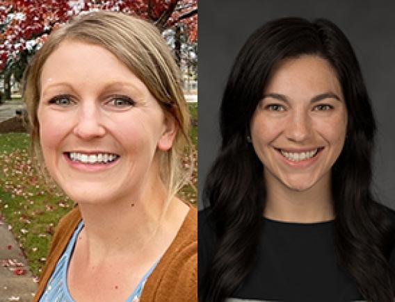 Two side-by-side portrait images of Eydie Kramer-Kostecka and Sarah Kaja, Kramer-Kostecka smiling in a blue top and brown sweater outside in front of a snow dappled cherry tree, Kaja smiling in a black top with a smoke gray background