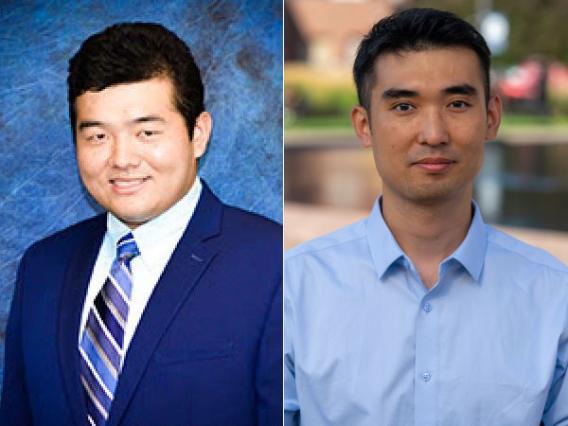 Portrait images of Bo Yu smiling in blue suit and tie, and Mingyang Pang in open collar light blue dress shirt