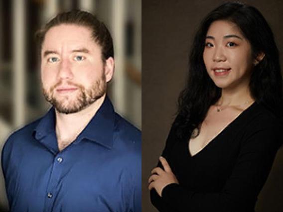Portrait photos of Dr. Mitch McSweeney in open collared dark blue dress shirt and Lucy Guan in a black v-neck top