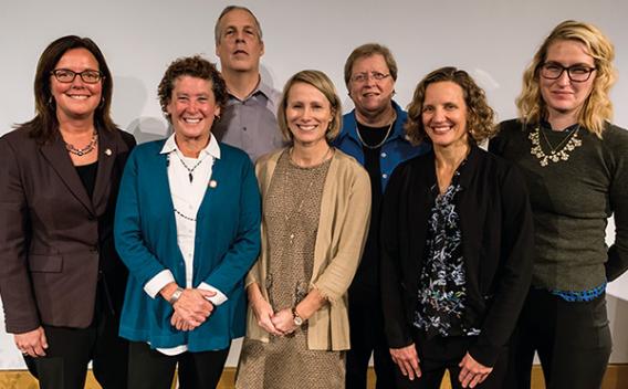 Professor emeriti, Mary Jo Kane, PhD, is shown here, second from left with Tucker Center for Research on Girls & Women Sport friends and colleagues who helped create the David and Janie Kane Endowed Tucker Center Director Fund.
